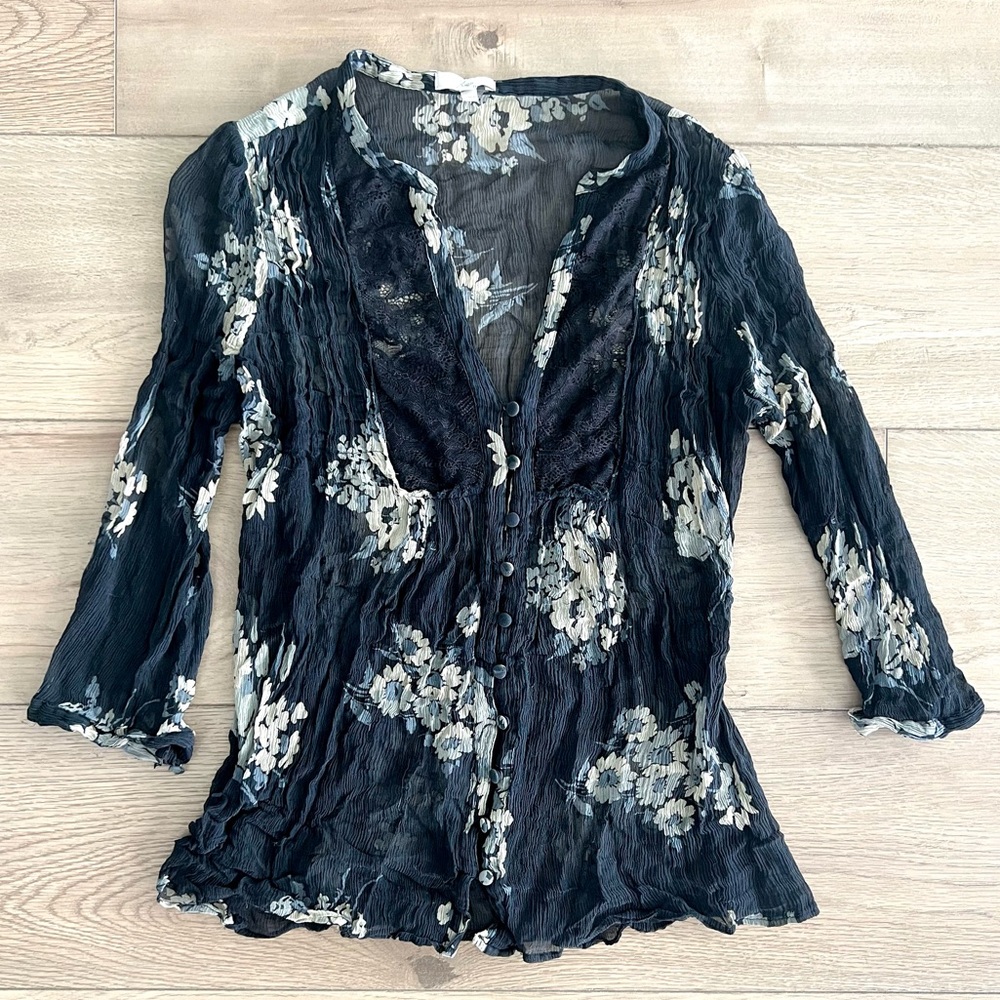 Vintage Joie Sheer Floral Navy Blouse